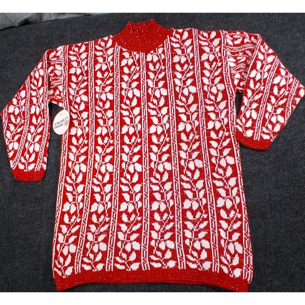 American Pride Sweater Women M Red NWT Vintage 80s Christmas Sparkle Mock Neck